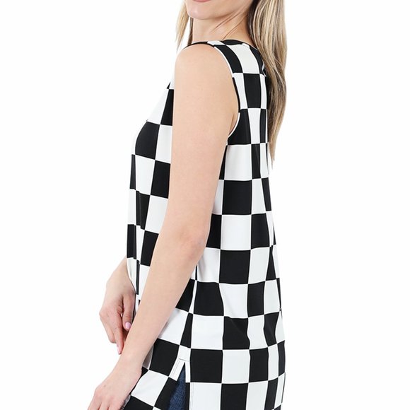 Coastal Grandma Checkered Print Sleeveless Top with side slit Cool Summer Top - Picture 4 of 5
